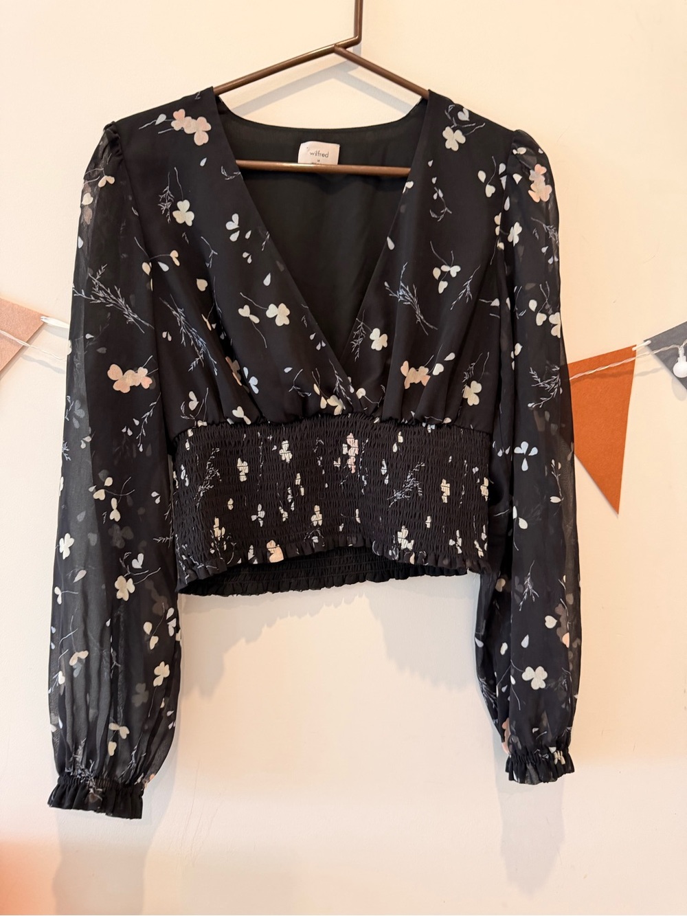 Wilfred Black Floral V-Neck Smocked-Waist Blouse